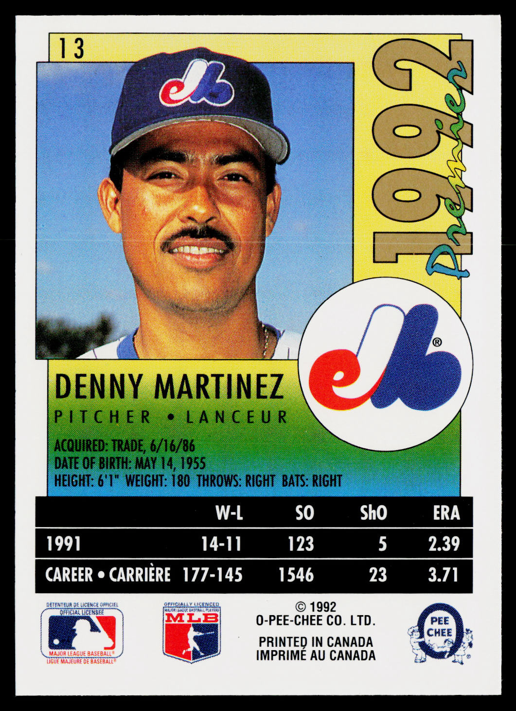 Denny Martinez 1992 O-Pee-Chee Premier #13 Montreal Expos