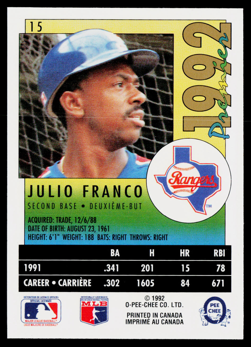 Julio Franco 1992 O-Pee-Chee Premier #15 Texas Rangers