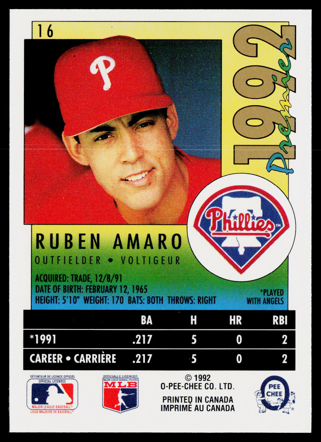 Ruben Amaro 1992 O-Pee-Chee Premier #16 Philadelphia Phillies