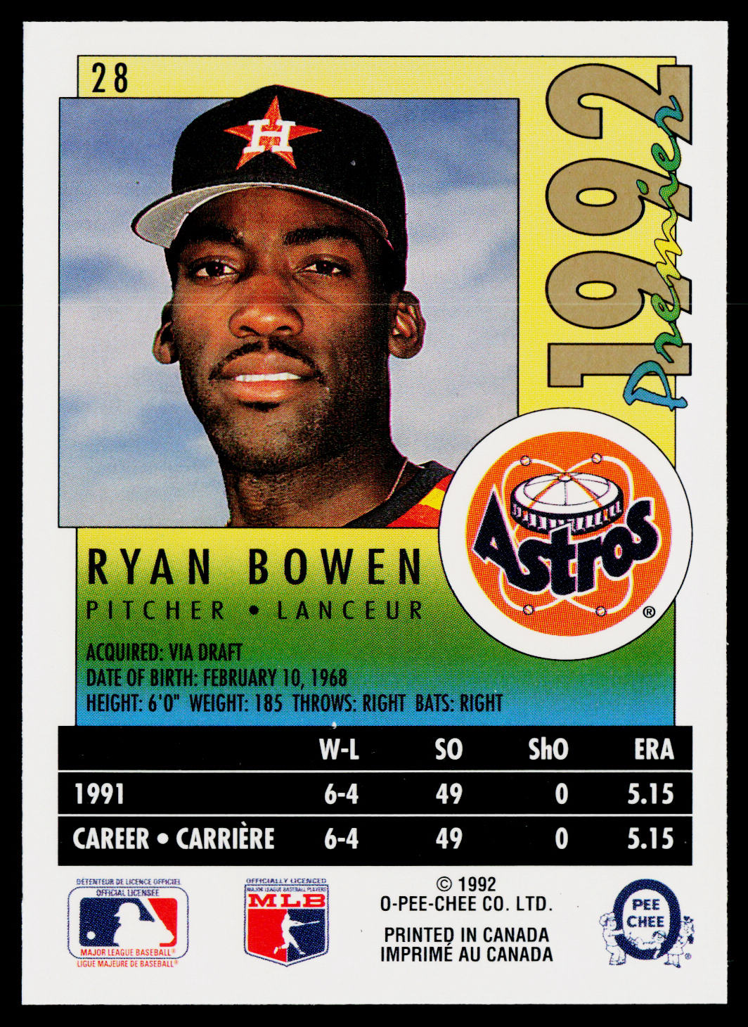Ryan Bowen 1992 O-Pee-Chee Premier #28 Houston Astros