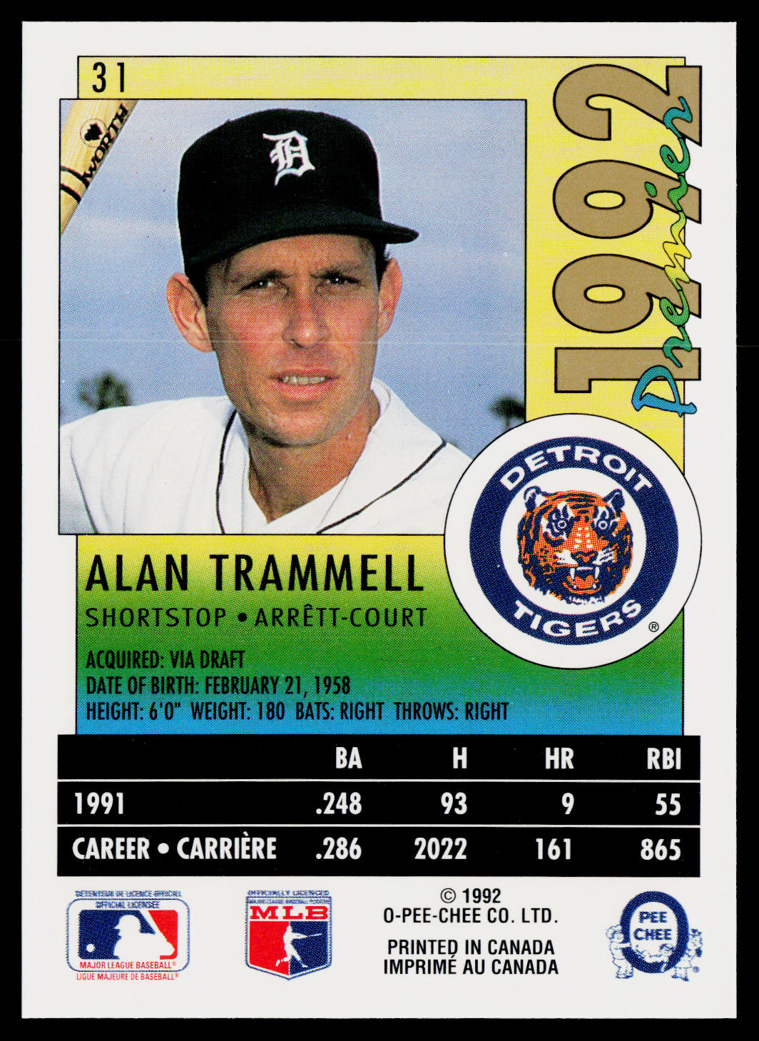 Alan Trammell 1992 O-Pee-Chee Premier #31 Detroit Tigers