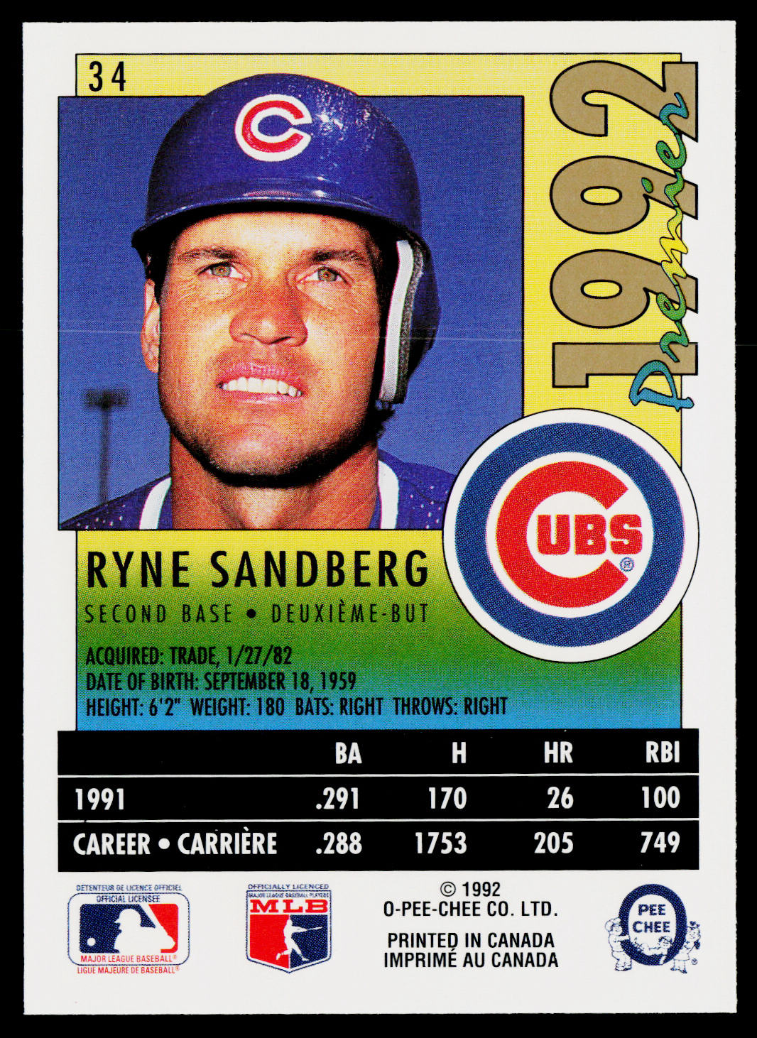 Ryne Sandberg 1992 O-Pee-Chee Premier #34 Chicago Cubs