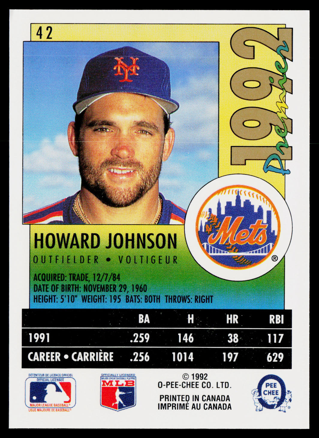 Howard Johnson 1992 O-Pee-Chee Premier #42 New York Mets