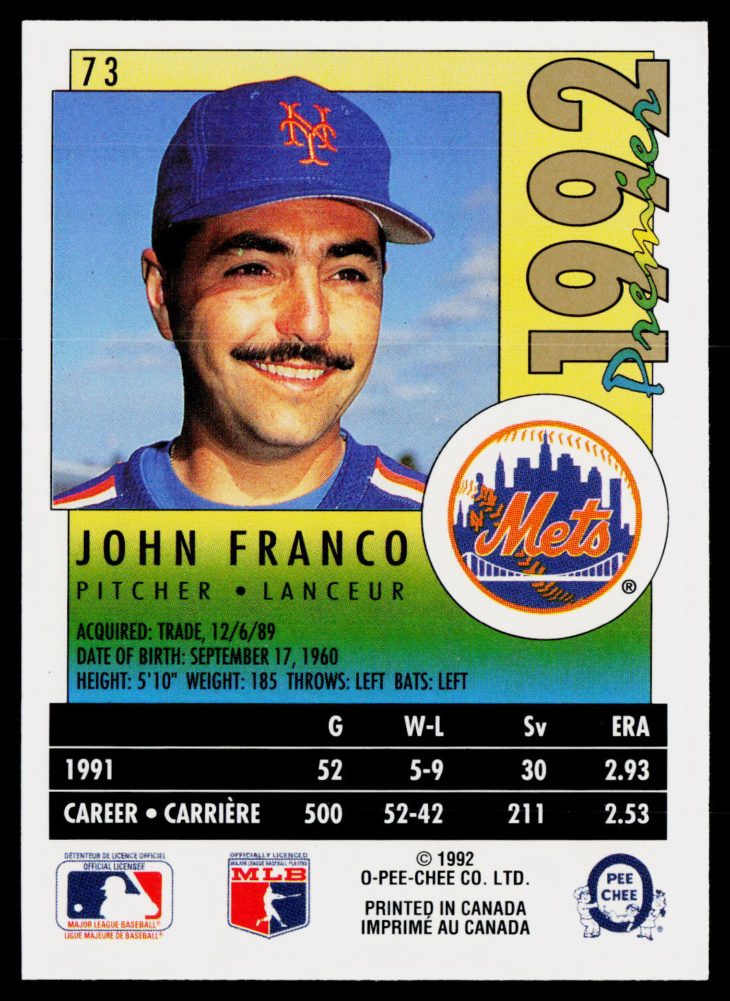 John Franco 1992 O-Pee-Chee Premier #73 New York Mets