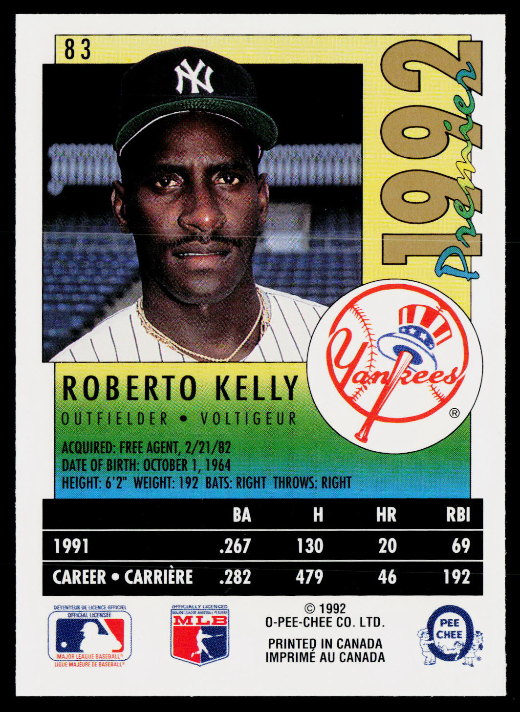 Roberto Kelly 1992 O-Pee-Chee Premier #83 New York Yankees