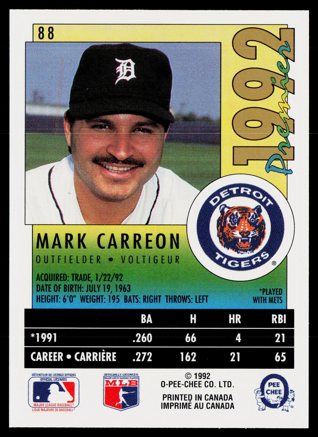 Mark Carreon 1992 O-Pee-Chee Premier #88 Detroit Tigers