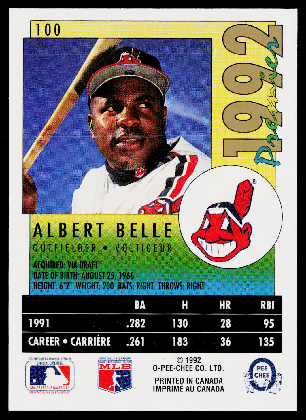 Albert Belle 1992 O-Pee-Chee Premier #100 Cleveland Indians