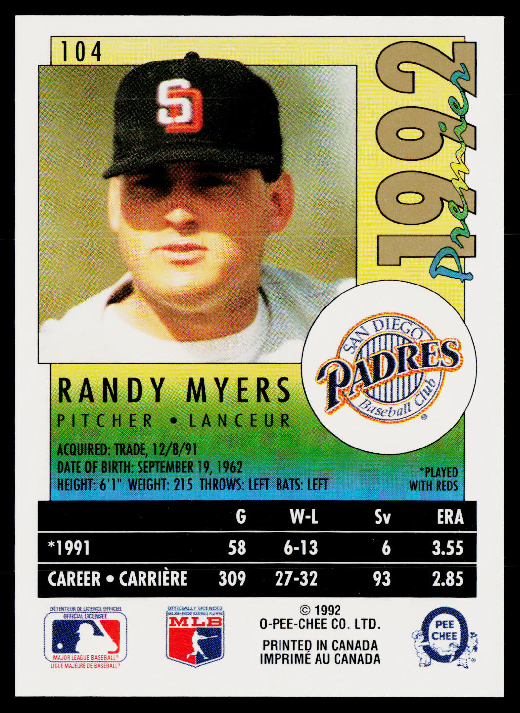 Randy Myers 1992 O-Pee-Chee Premier #104 San Diego Padres