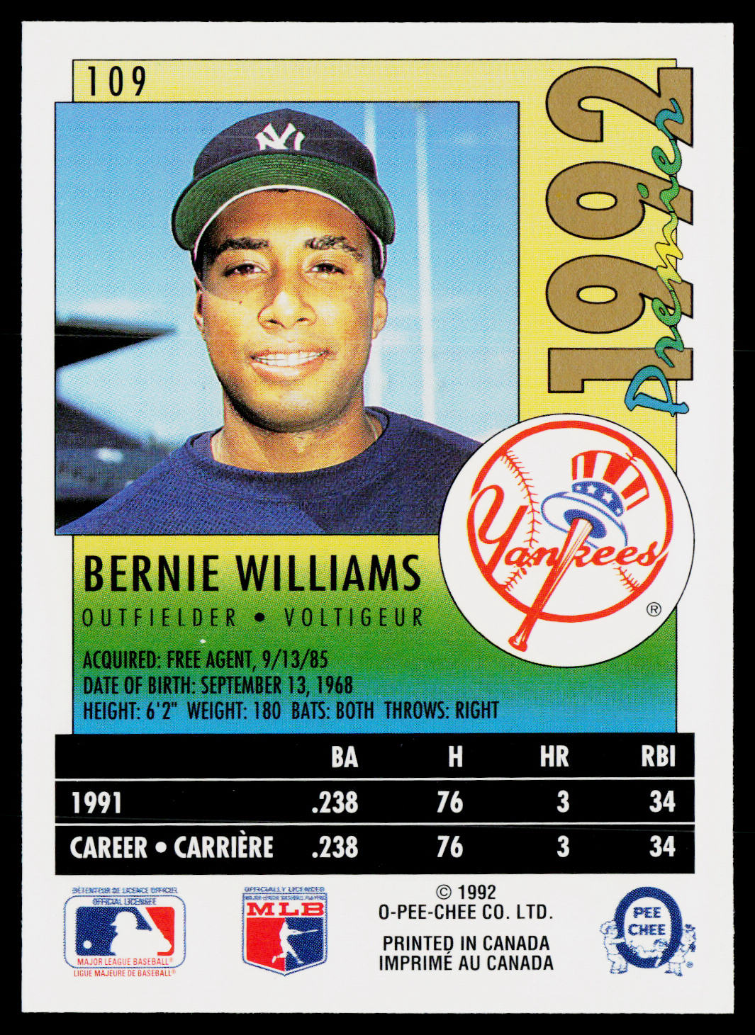 Bernie Williams 1992 O-Pee-Chee Premier #109 New York Yankees