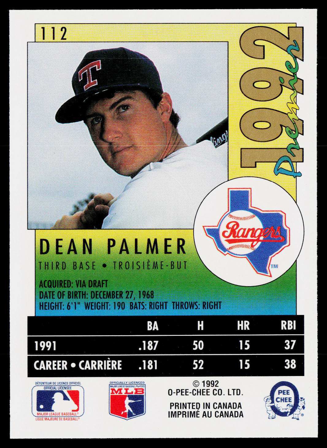 Dean Palmer 1992 O-Pee-Chee Premier #112 Texas Rangers