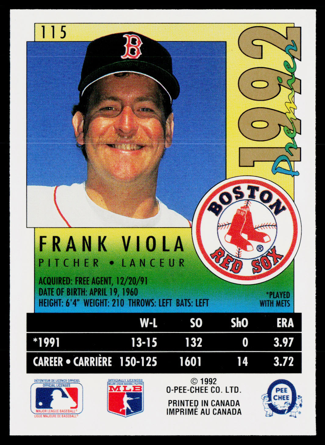 Frank Viola 1992 O-Pee-Chee Premier #115 Boston Red Sox