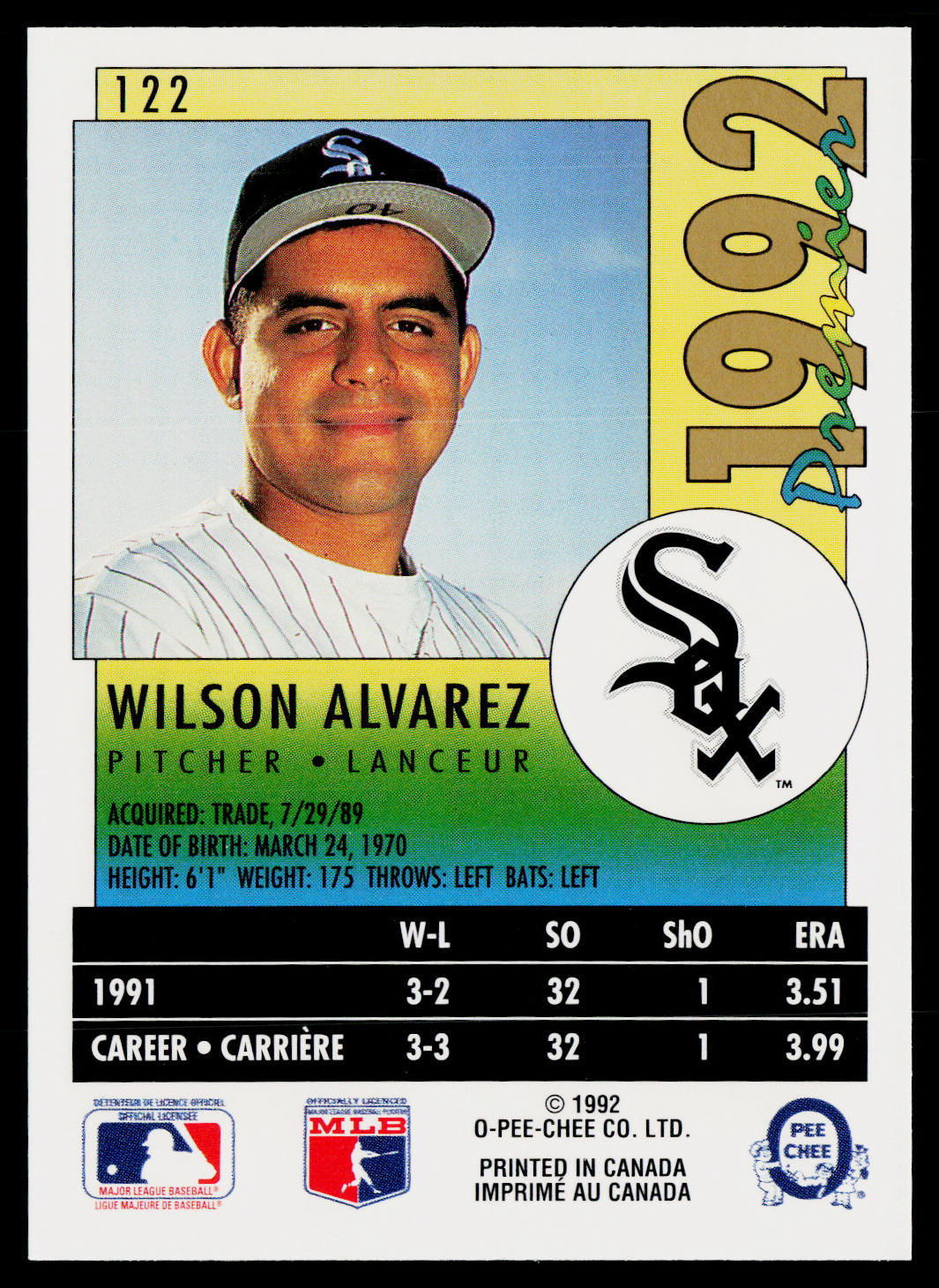 Wilson Alvarez 1992 O-Pee-Chee Premier #122 Chicago White Sox