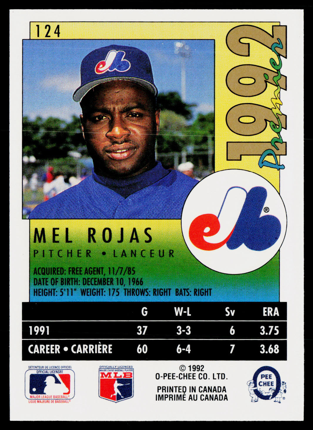 Mel Rojas 1992 O-Pee-Chee Premier #124 Montreal Expos