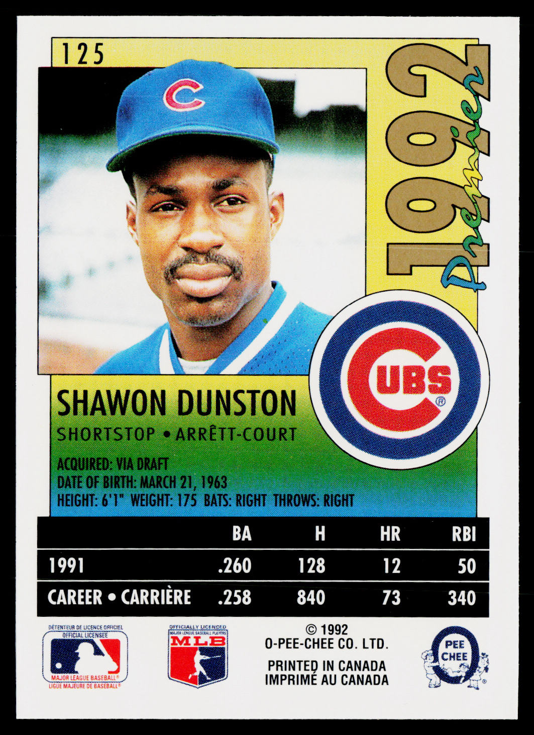 Shawon Dunston 1992 O-Pee-Chee Premier #125 Chicago Cubs