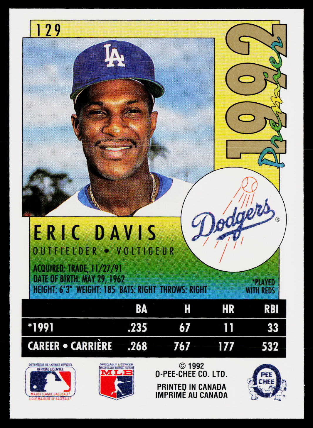 Eric Davis 1992 O-Pee-Chee Premier #129 Los Angeles Dodgers