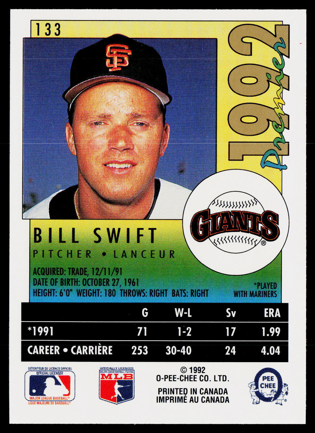 Bill Swift 1992 O-Pee-Chee Premier #133 San Francisco Giants