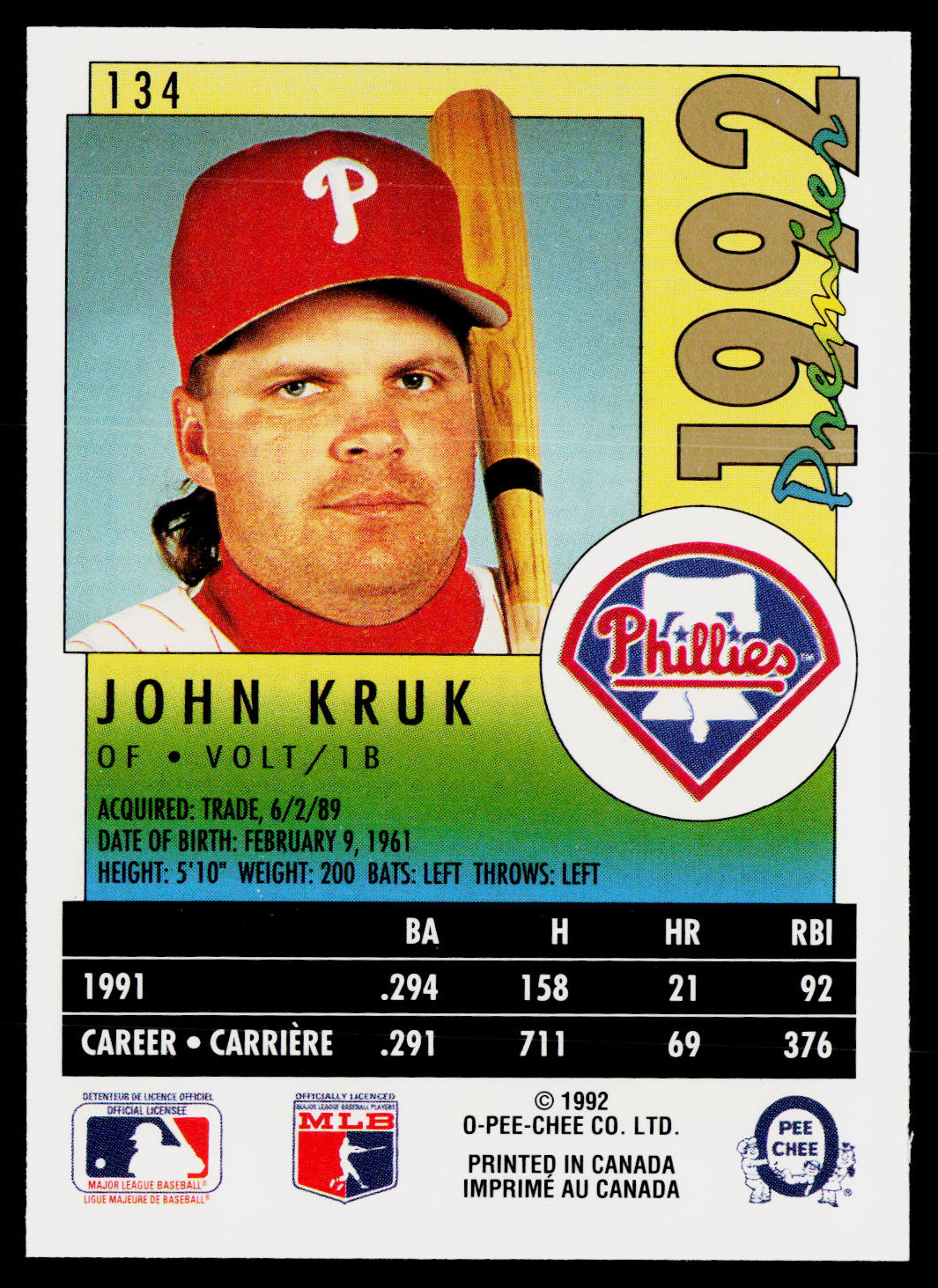 John Kruk 1992 O-Pee-Chee Premier #134 Philadelphia Phillies