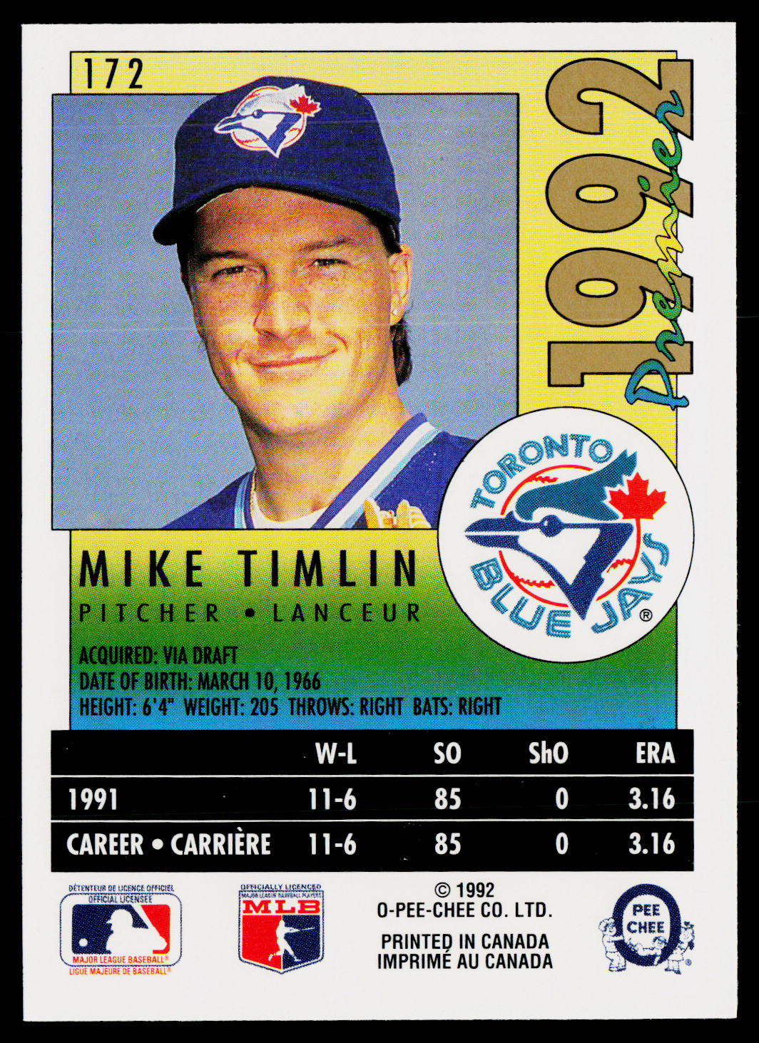 Mike Timlin 1992 O-Pee-Chee Premier #172 Toronto Blue Jays