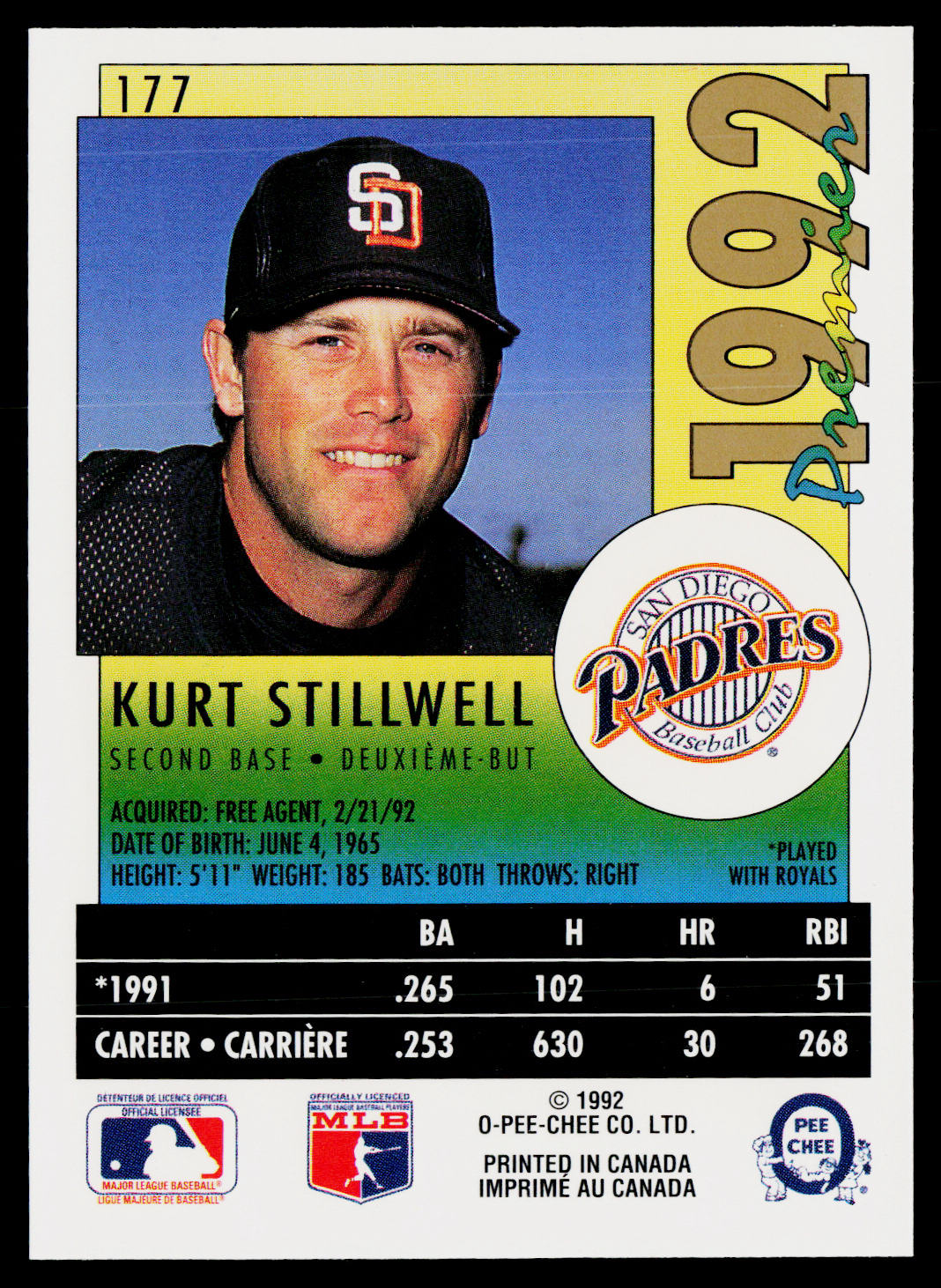 Kurt Stillwell 1992 O-Pee-Chee Premier #177 San Diego Padres