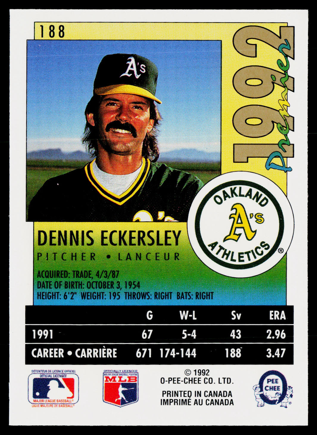 Dennis Eckersley 1992 O-Pee-Chee Premier #188 Oakland Athletics