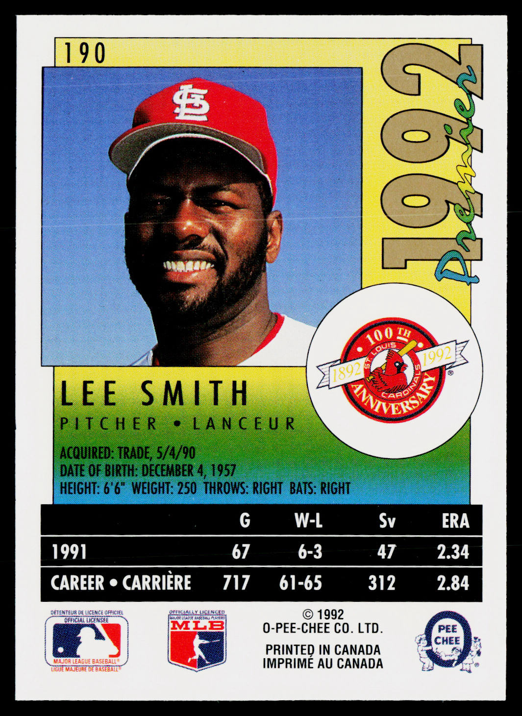 Lee Smith 1992 O-Pee-Chee Premier #190 St. Louis Cardinals