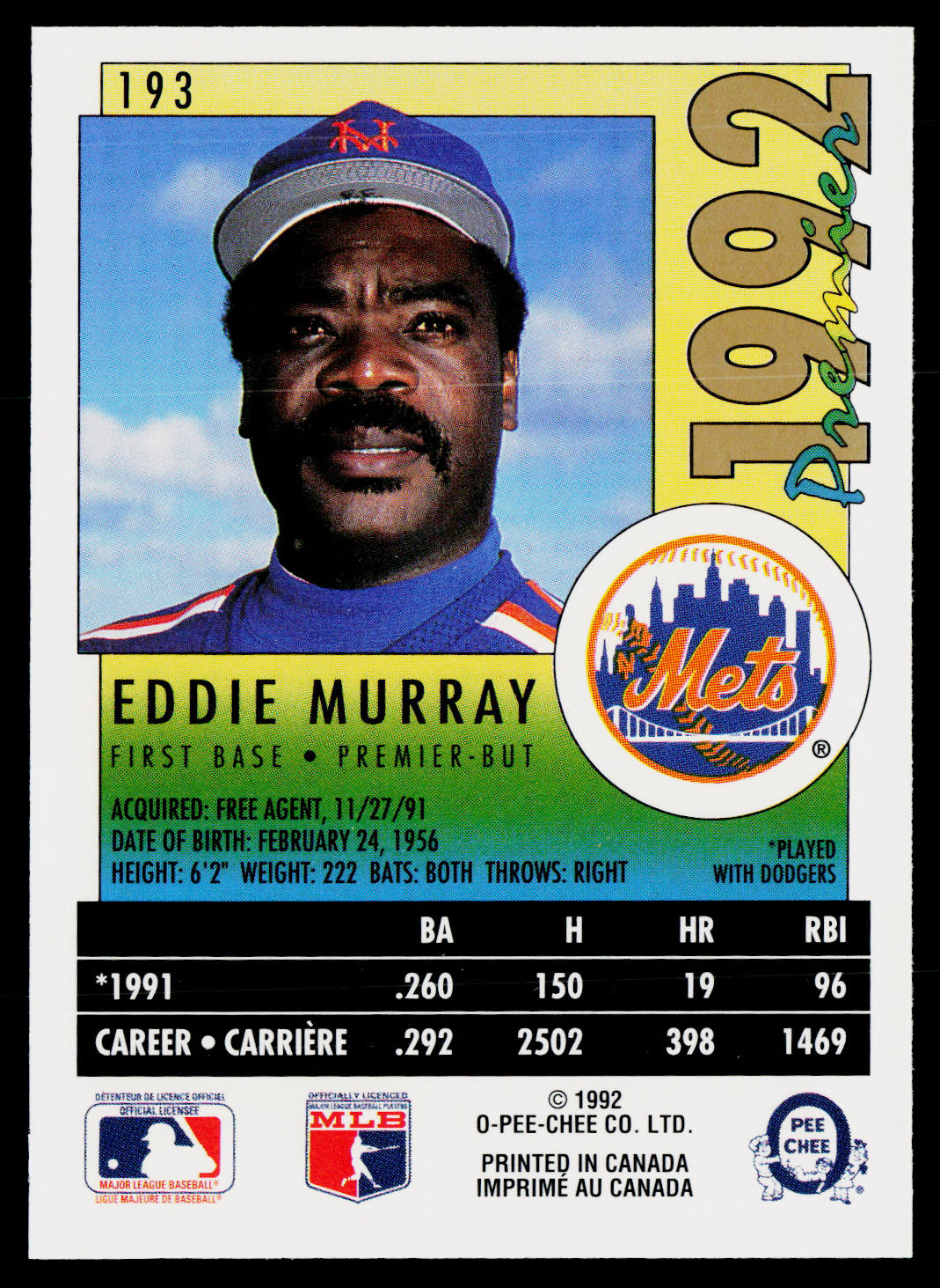 Eddie Murray 1992 O-Pee-Chee Premier #193 New York Mets