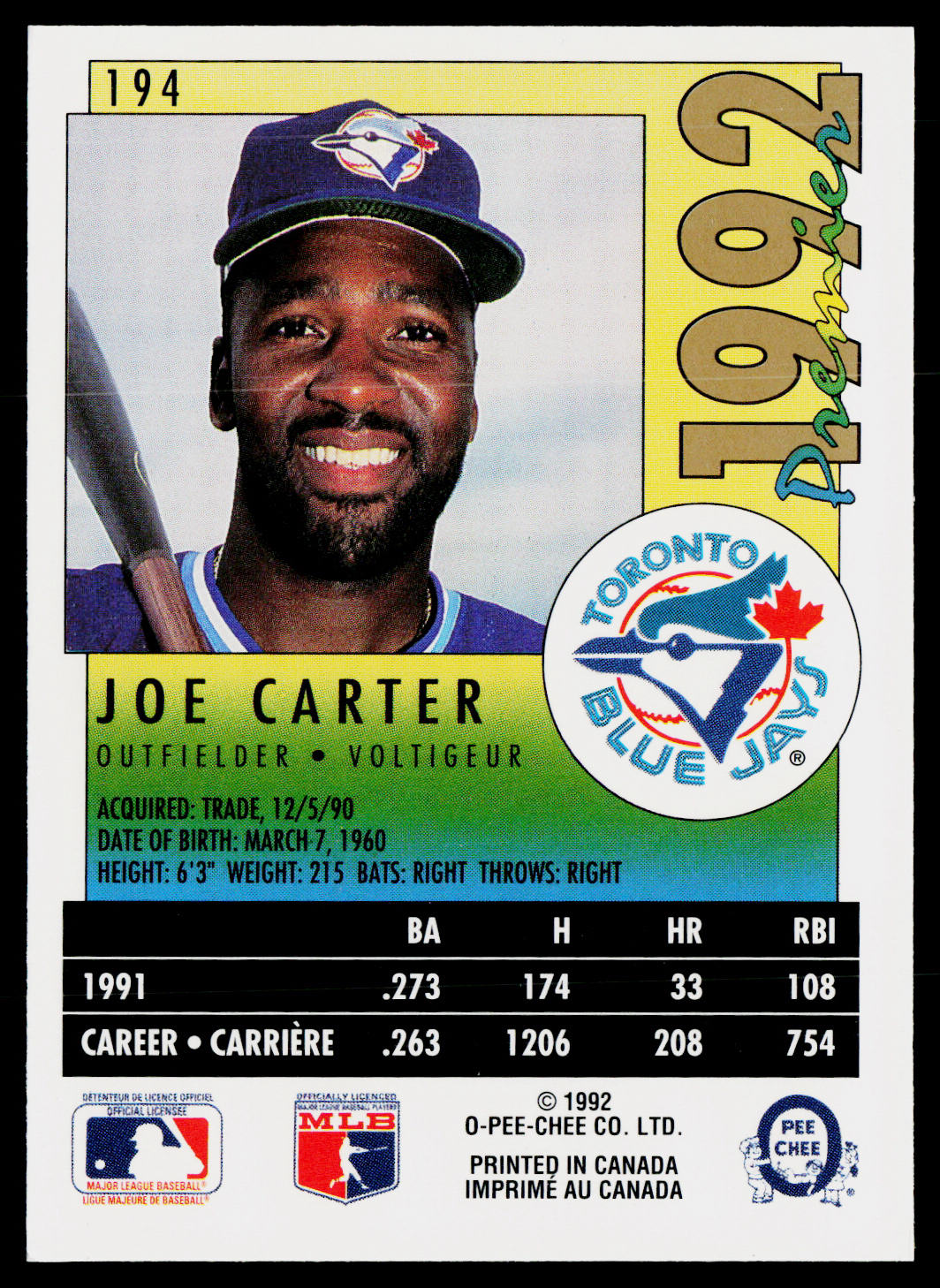 Joe Carter 1992 O-Pee-Chee Premier #194 Toronto Blue Jays
