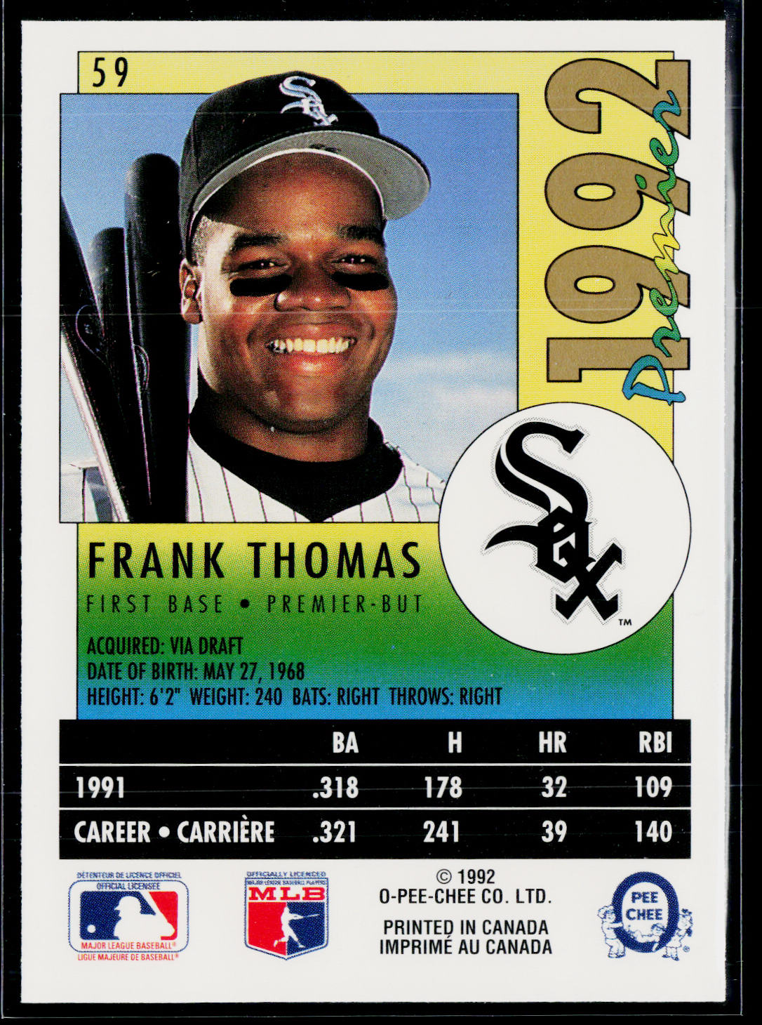 Frank Thomas 1992 O-Pee-Chee Premier #59 Chicago White Sox