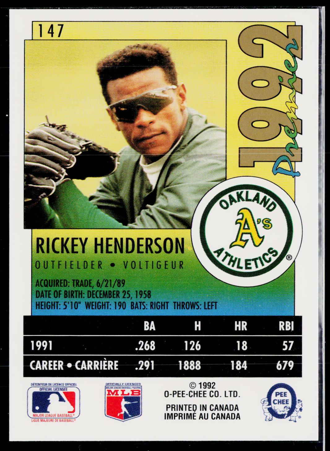 Rickey Henderson 1992 O-Pee-Chee Premier #147 Oakland Athletics