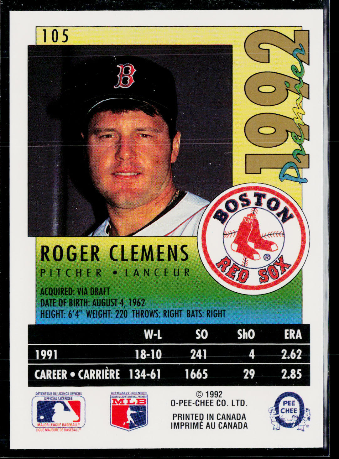 Roger Clemens 1992 O-Pee-Chee Premier #105 Boston Red Sox
