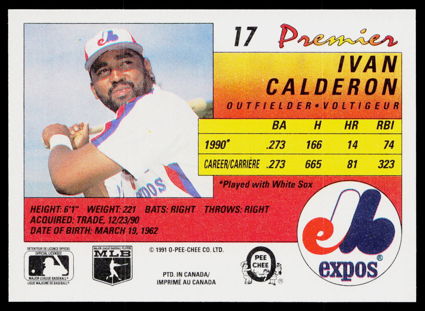 Ivan Calderon 1991 O-Pee-Chee Premier #17 Montreal Expos