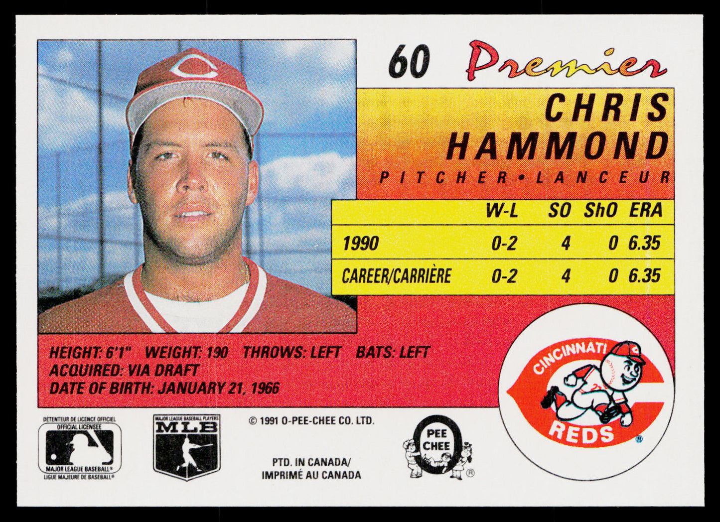 Chris Hammond 1991 O-Pee-Chee Premier #60 Cincinnati Reds