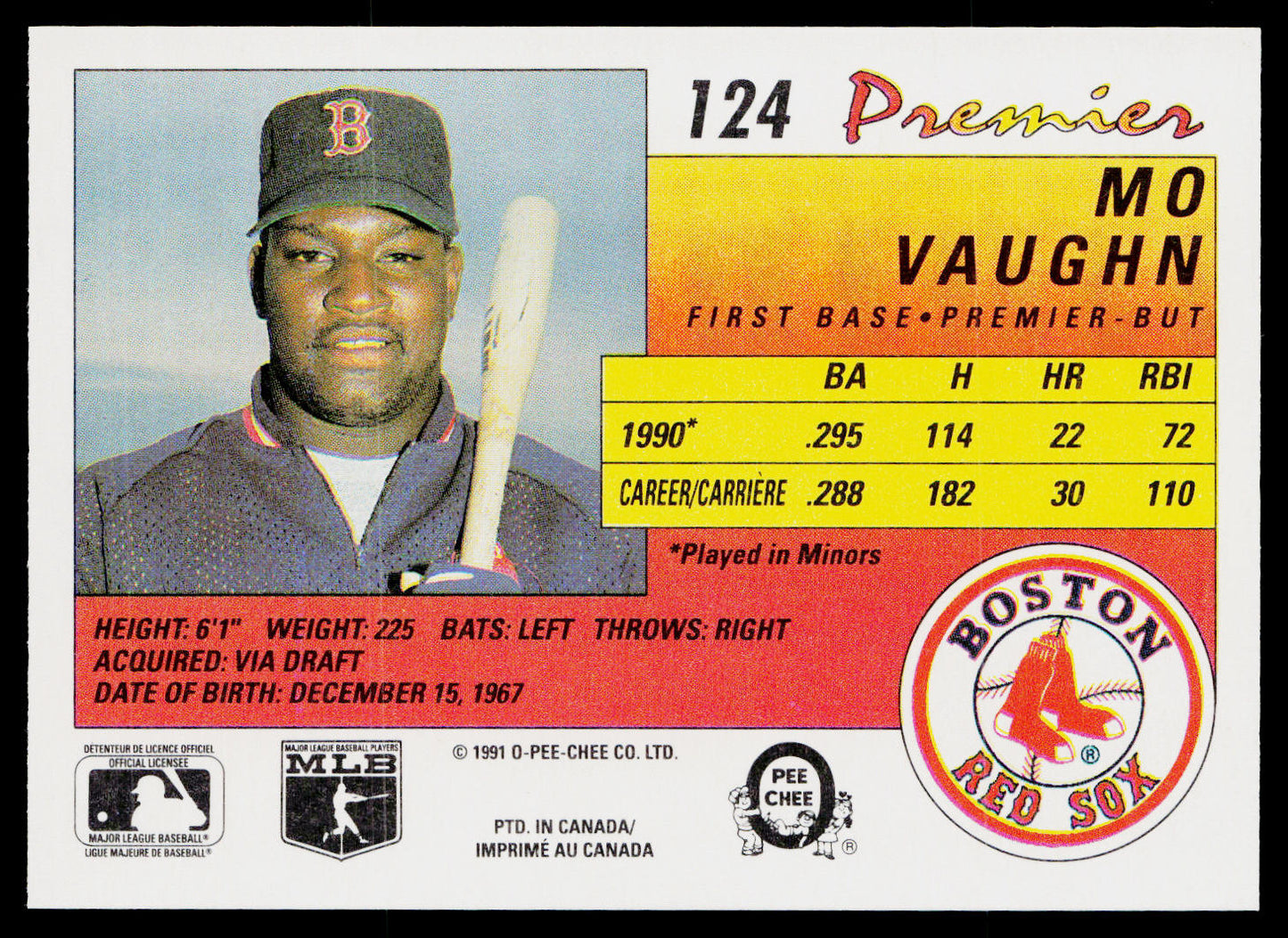 Mo Vaughn 1991 O-Pee-Chee Premier #124 Boston Red Sox