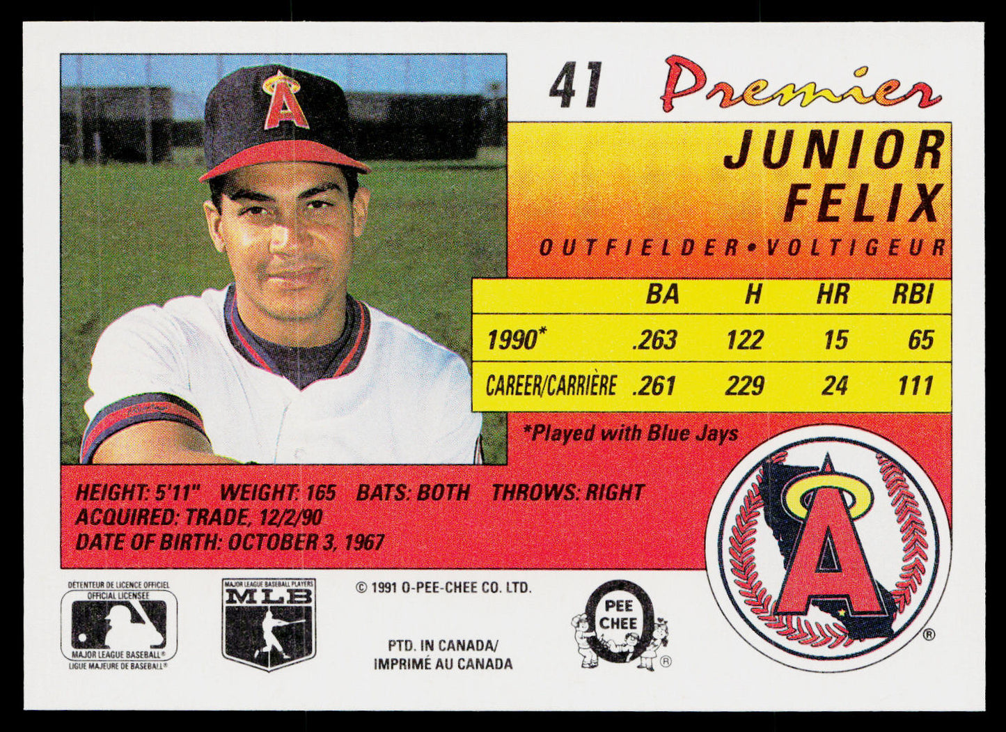 Junior Felix 1991 O-Pee-Chee Premier #41 California Angels
