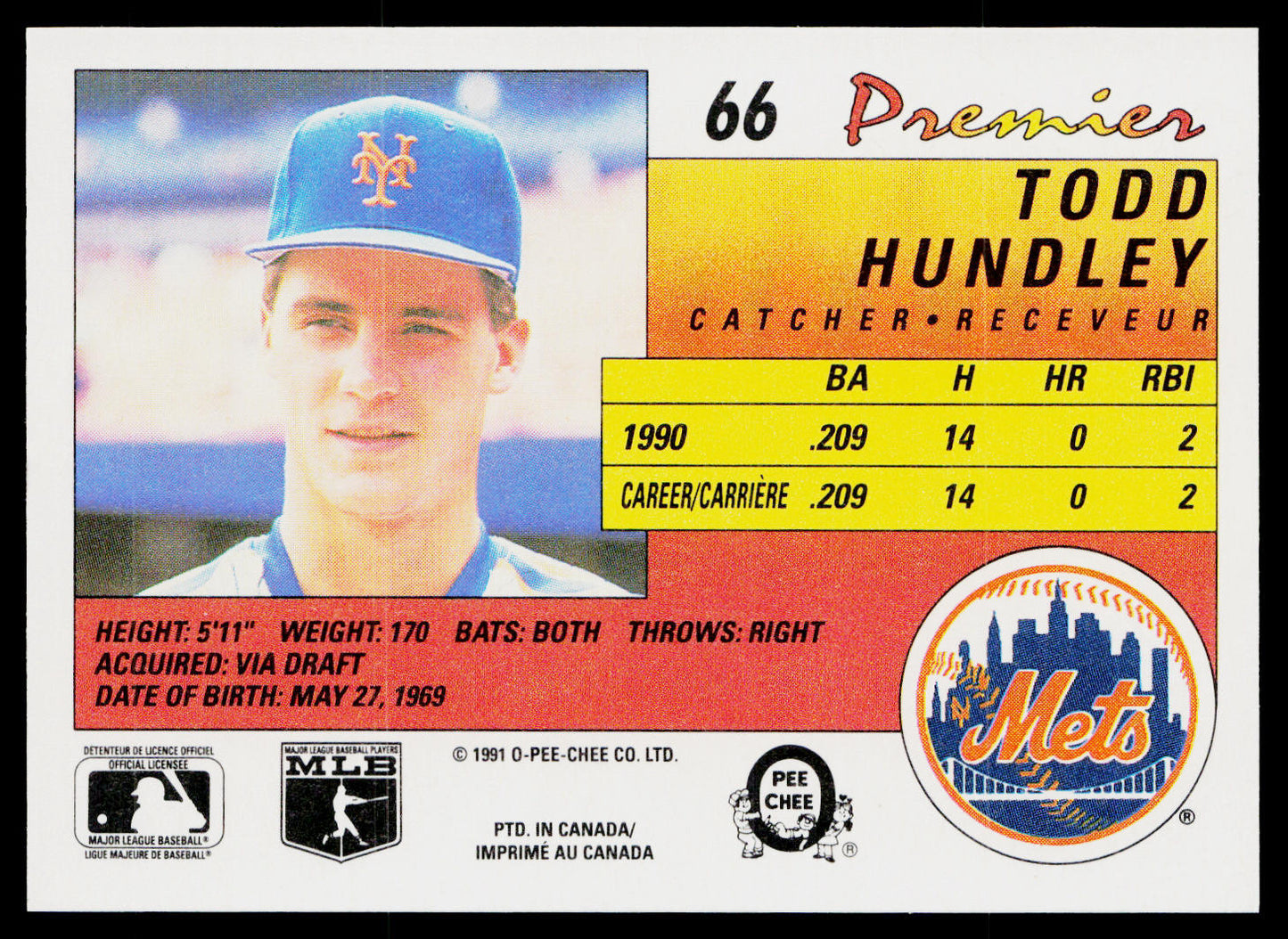 Todd Hundley 1991 O-Pee-Chee Premier #66 New York Mets