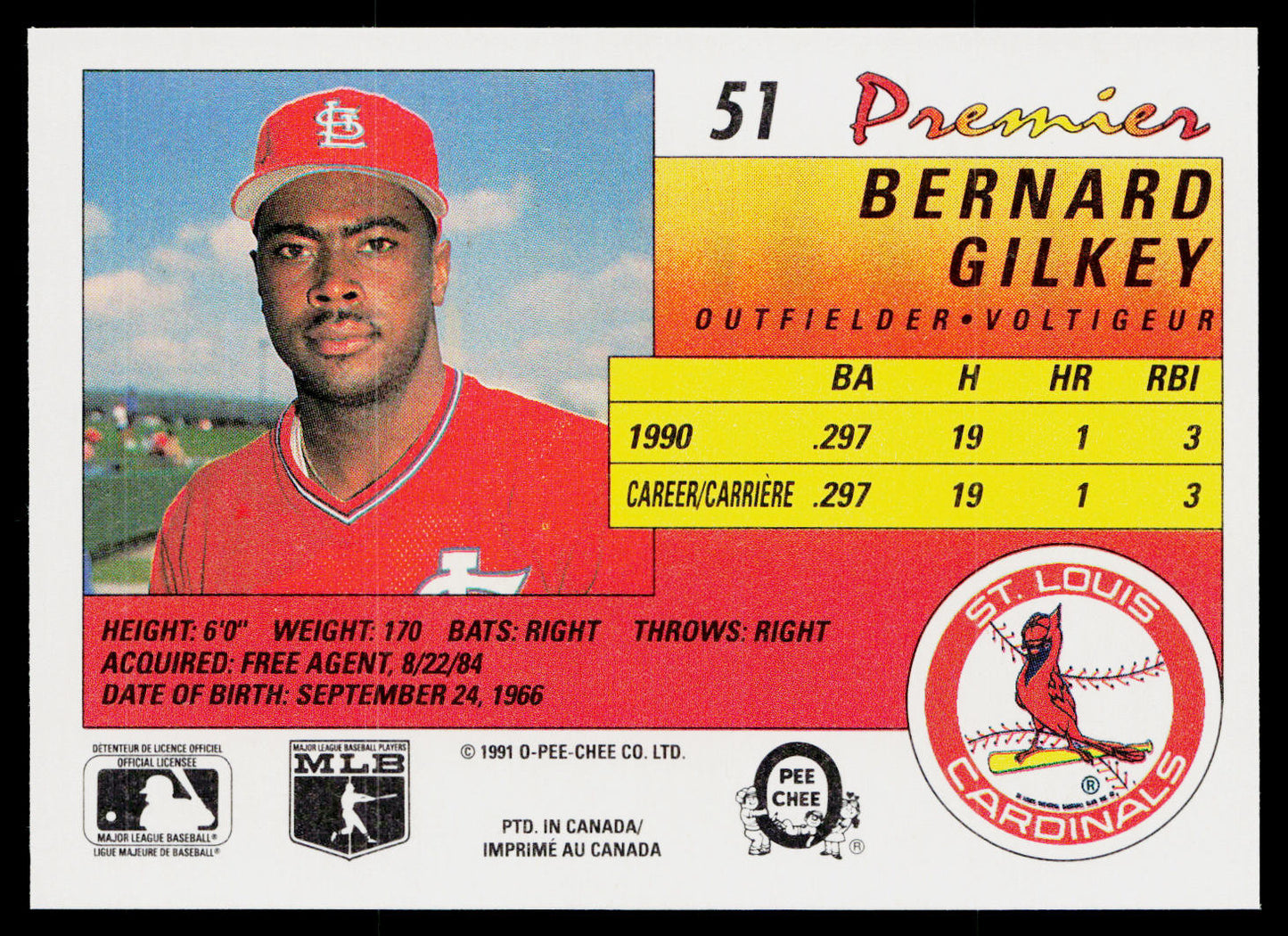 Bernard Gilkey 1991 O-Pee-Chee Premier #51 St. Louis Cardinals
