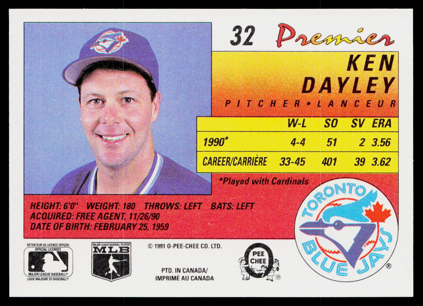 Ken Dayley 1991 O-Pee-Chee Premier #32 Toronto Blue Jays