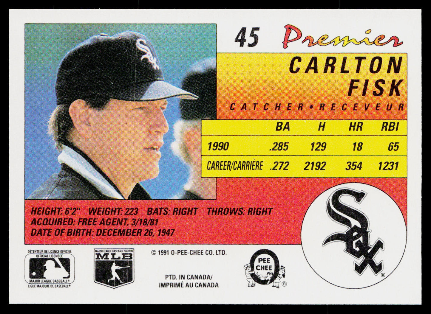 Carlton Fisk 1991 O-Pee-Chee Premier #45 Chicago White Sox