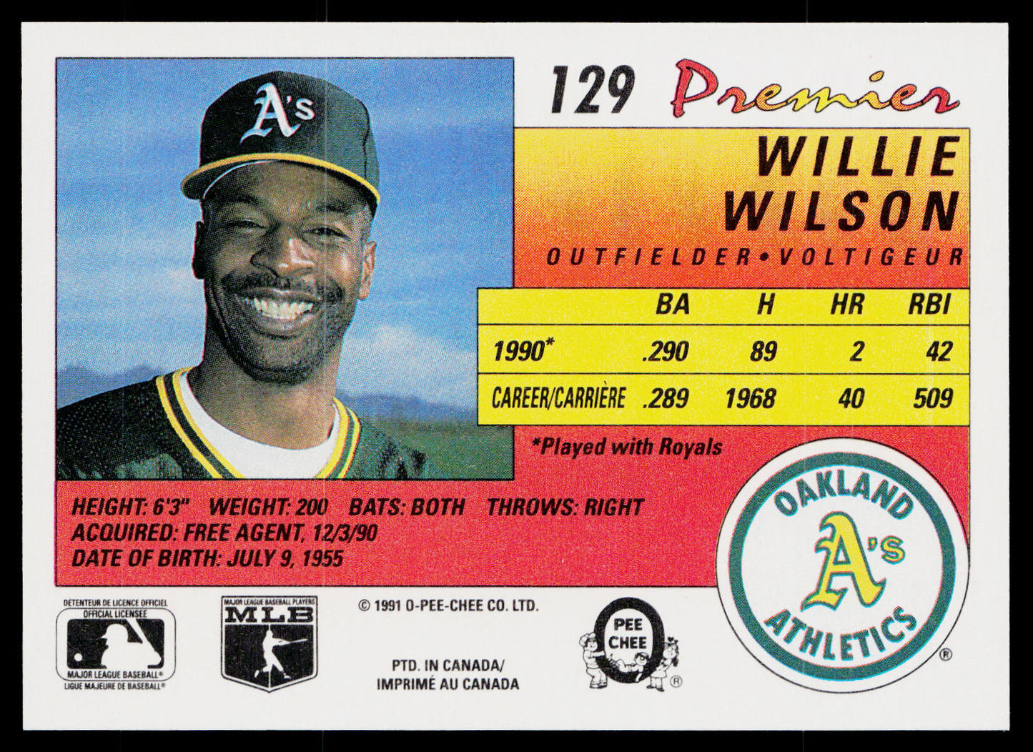 Willie Wilson 1991 O-Pee-Chee Premier #129 Oakland Athletics