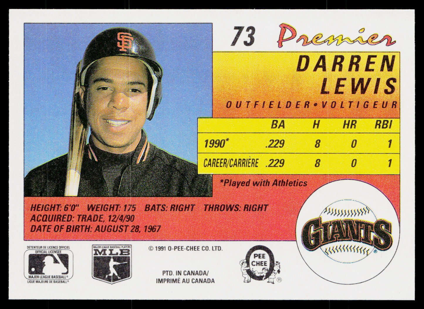 Darren Lewis 1991 O-Pee-Chee Premier #73 San Francisco Giants
