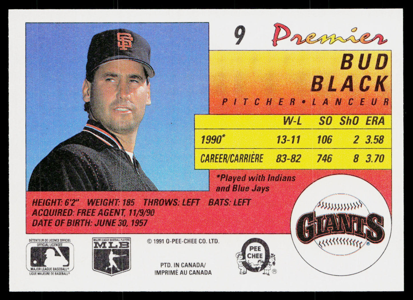 Bud Black 1991 O-Pee-Chee Premier #9 San Francisco Giants