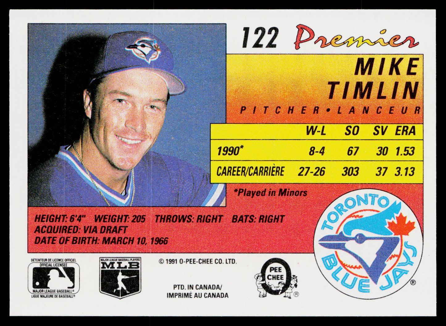 Mike Timlin 1991 O-Pee-Chee Premier #122 RC Toronto Blue Jays