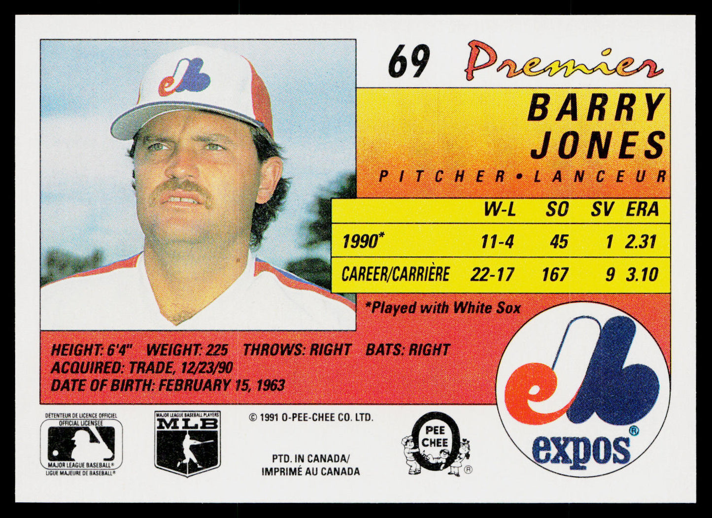Barry Jones 1991 O-Pee-Chee Premier #69 Montreal Expos