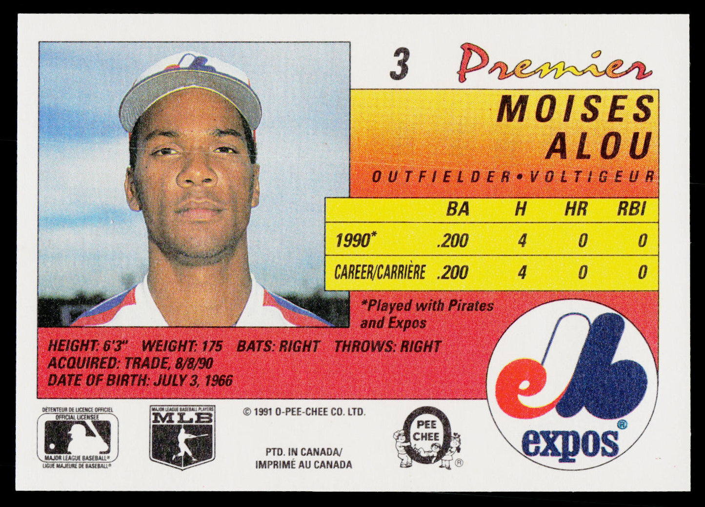 Moises Alou 1991 O-Pee-Chee Premier #3 Montreal Expos