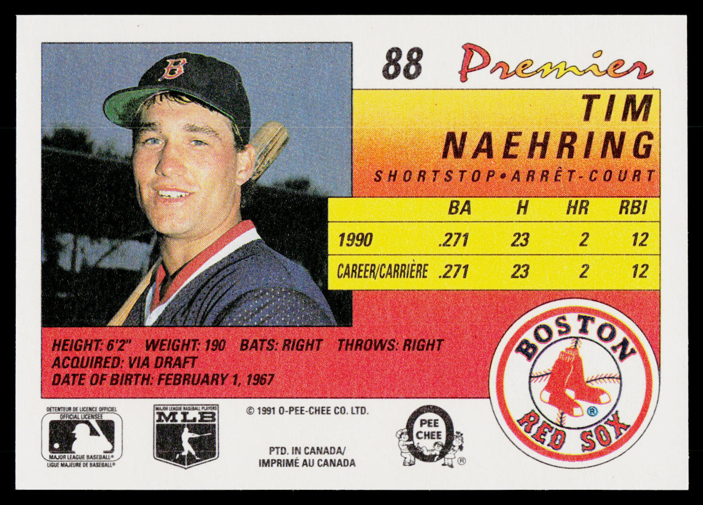 Tim Naehring 1991 O-Pee-Chee Premier #88 Boston Red Sox