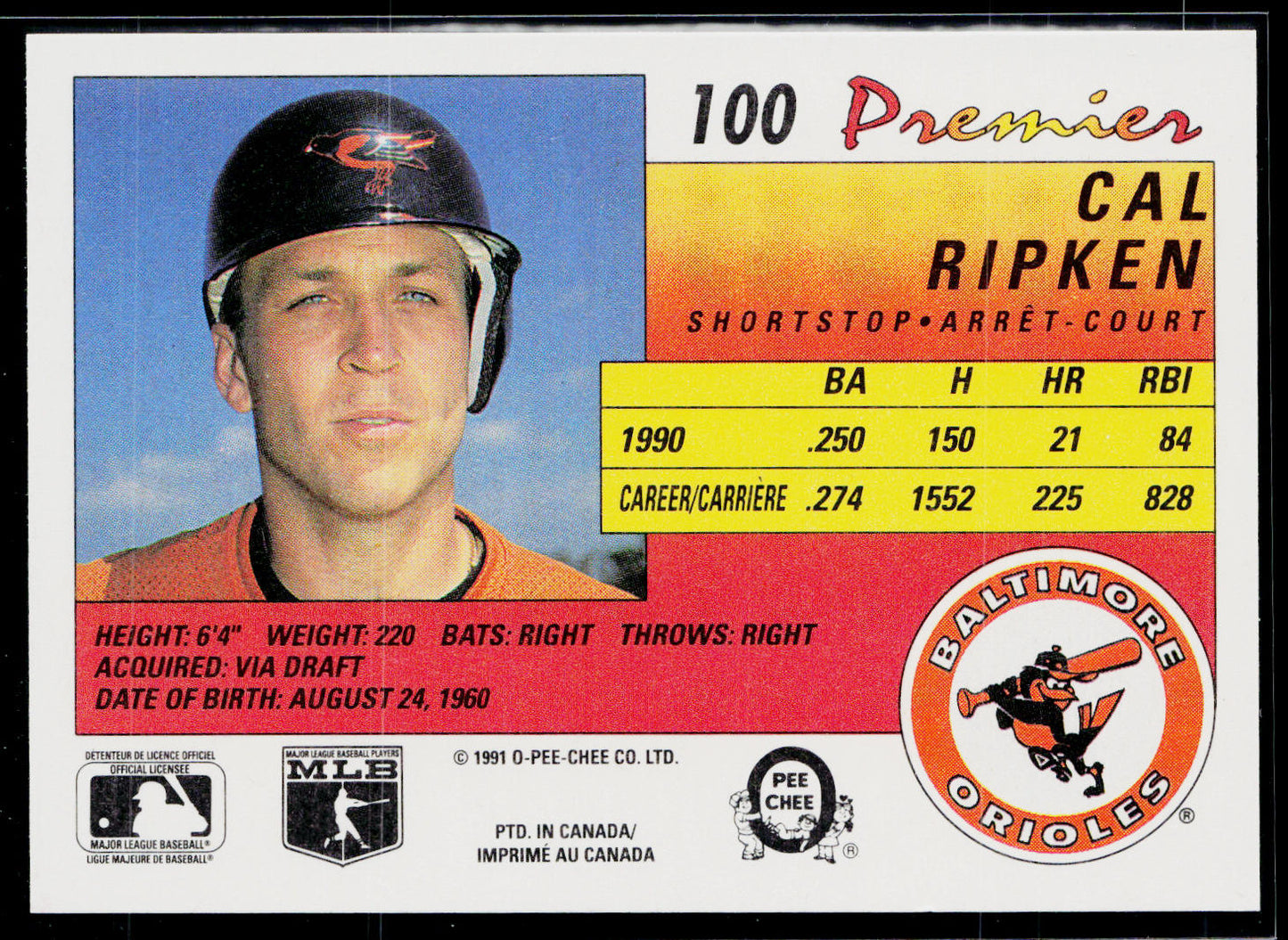 Cal Ripken 1991 O-Pee-Chee Premier #100 Baltimore Orioles