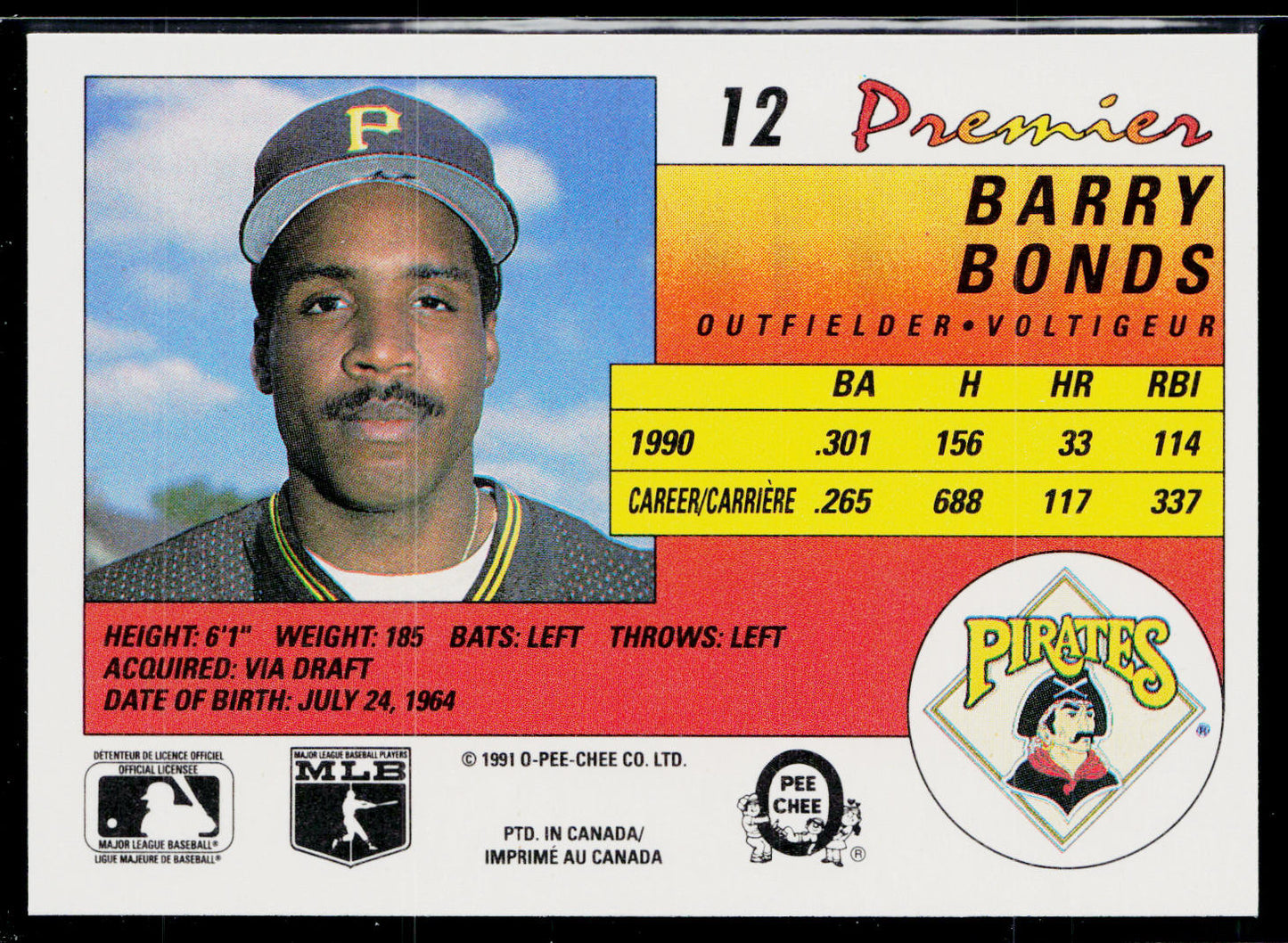 Barry Bonds 1991 O-Pee-Chee Premier #12 Pittsburgh Pirates