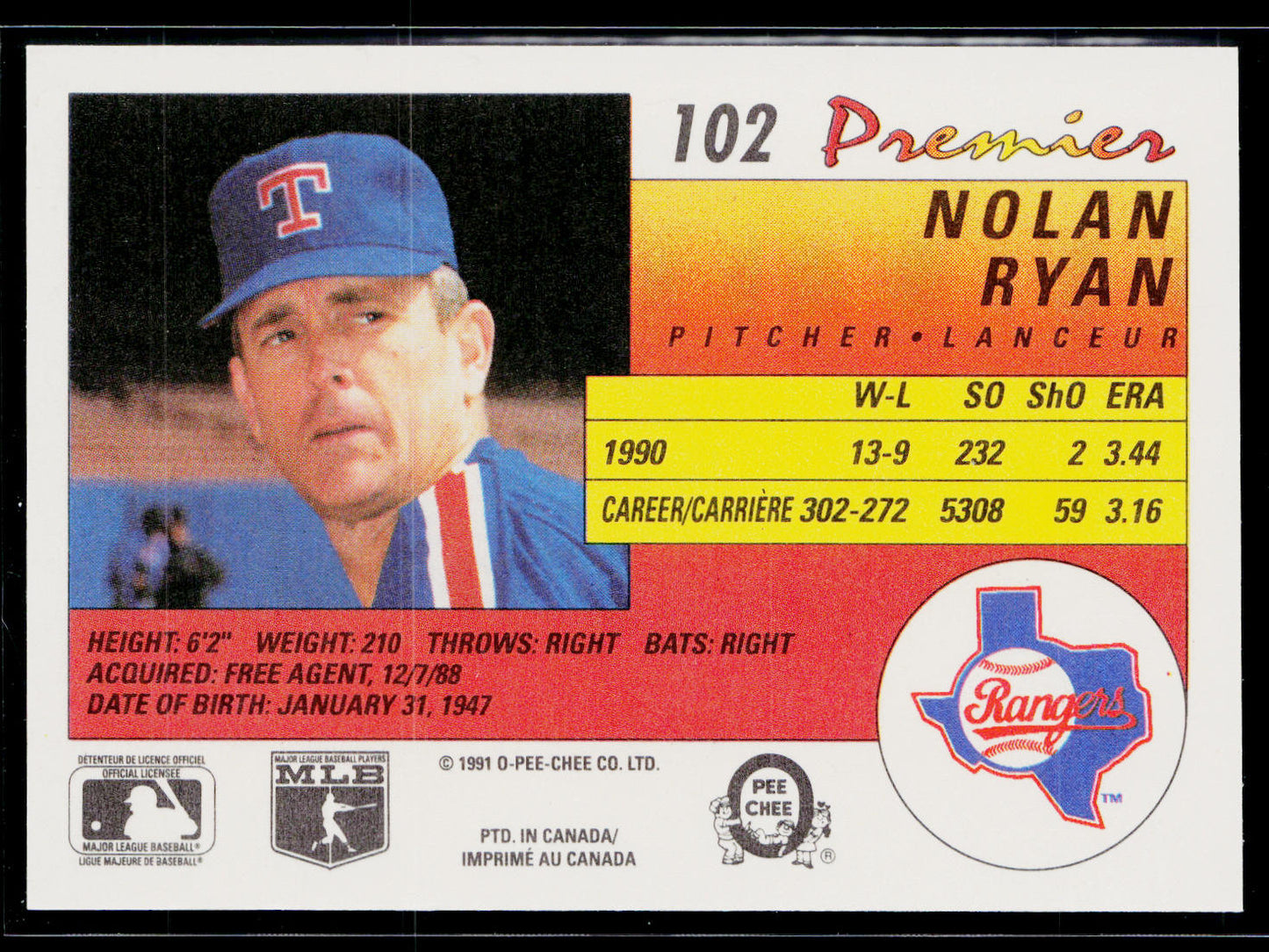 Nolan Ryan 1991 O-Pee-Chee Premier #102 Texas Rangers