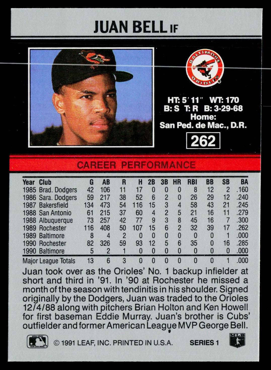 Juan Bell 1991 Leaf #262 Baltimore Orioles