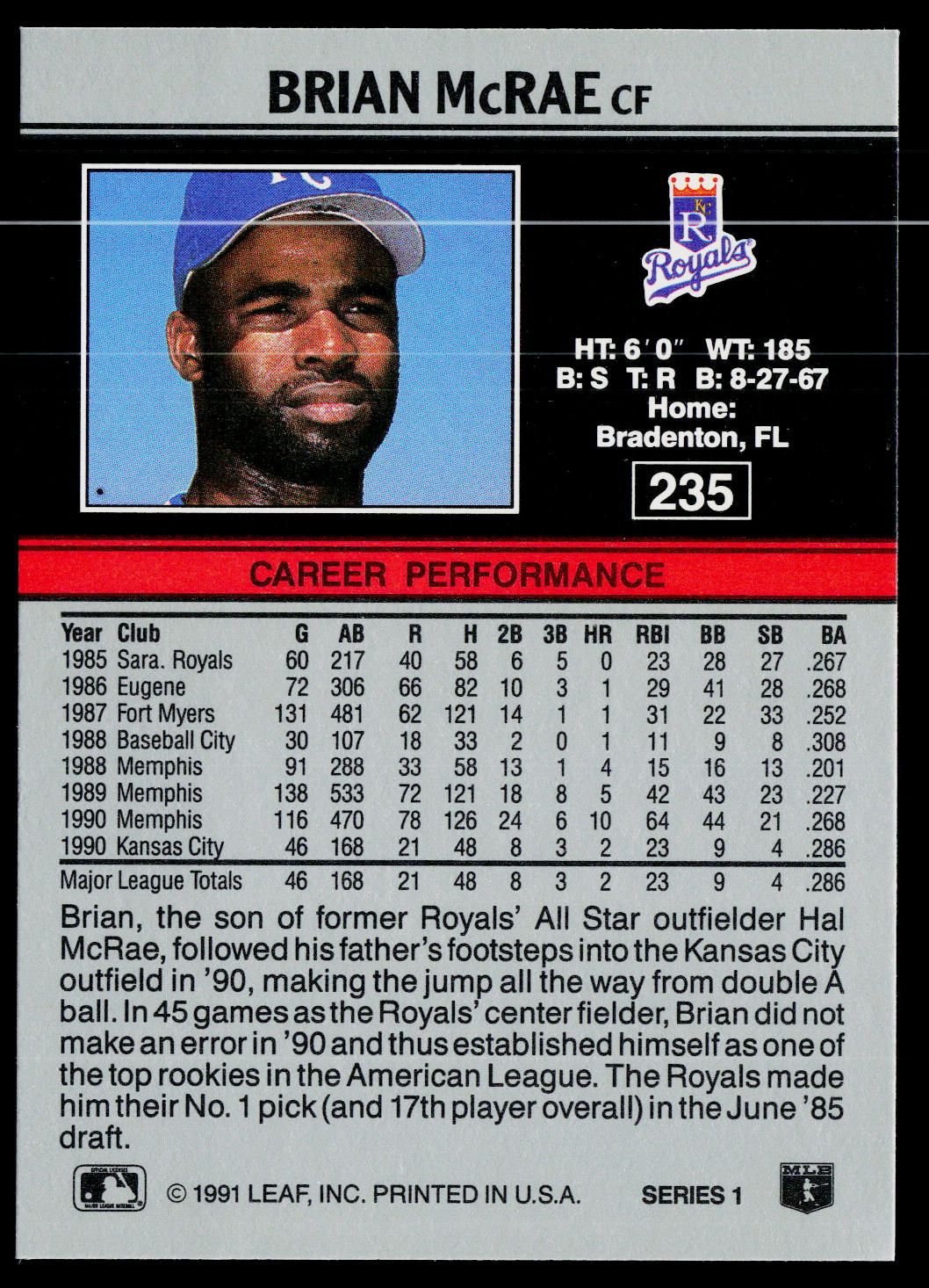 Brian McRae 1991 Leaf #235 RC Kansas City Royals